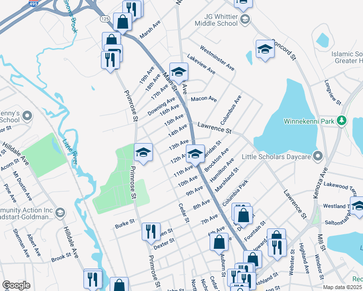 map of restaurants, bars, coffee shops, grocery stores, and more near 22 13th Avenue in Haverhill
