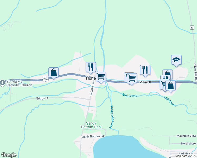 map of restaurants, bars, coffee shops, grocery stores, and more near Main Street in Honeoye