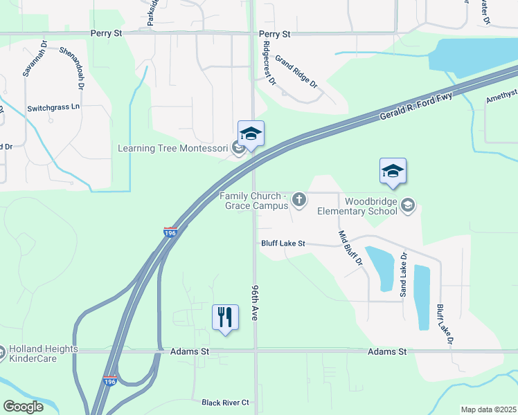 map of restaurants, bars, coffee shops, grocery stores, and more near 9560 Woodbridge Street in Zeeland