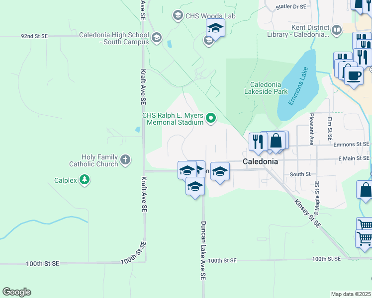 map of restaurants, bars, coffee shops, grocery stores, and more near 9600 Scotsmoor Drive in Caledonia