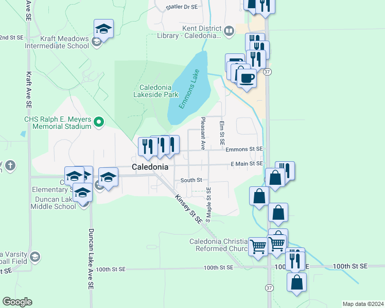 map of restaurants, bars, coffee shops, grocery stores, and more near 121 South Church Street in Caledonia