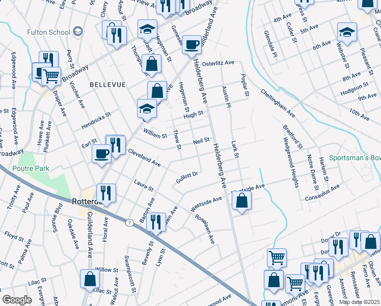 map of restaurants, bars, coffee shops, grocery stores, and more near 2100 Neil Street in Schenectady