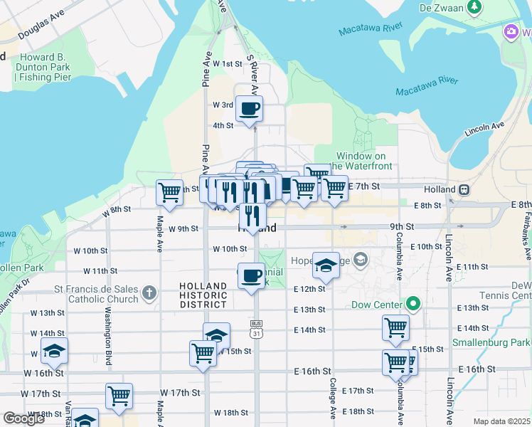 map of restaurants, bars, coffee shops, grocery stores, and more near 35 West 8th Street in Holland