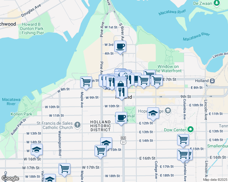 map of restaurants, bars, coffee shops, grocery stores, and more near 85 West 8th Street in Holland