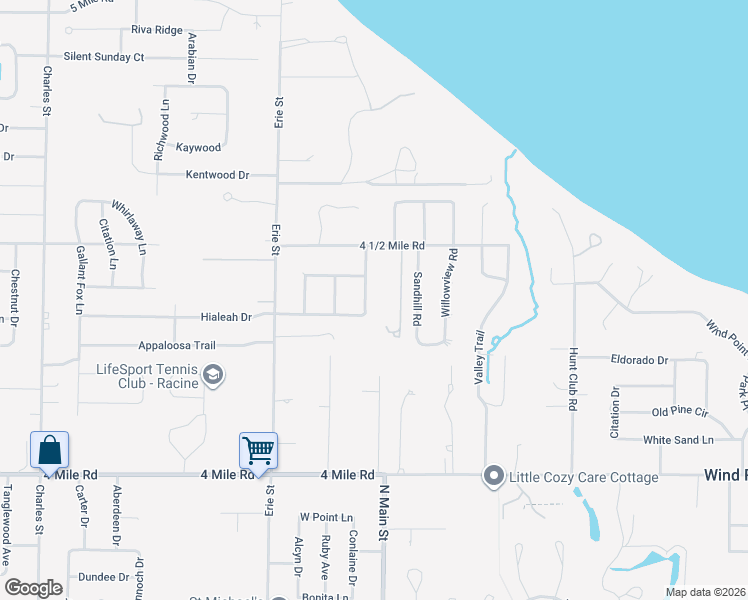 map of restaurants, bars, coffee shops, grocery stores, and more near 333 4 1/2 Mile Road in Racine