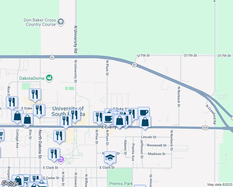 map of restaurants, bars, coffee shops, grocery stores, and more near 833 East Duke Street in Vermillion