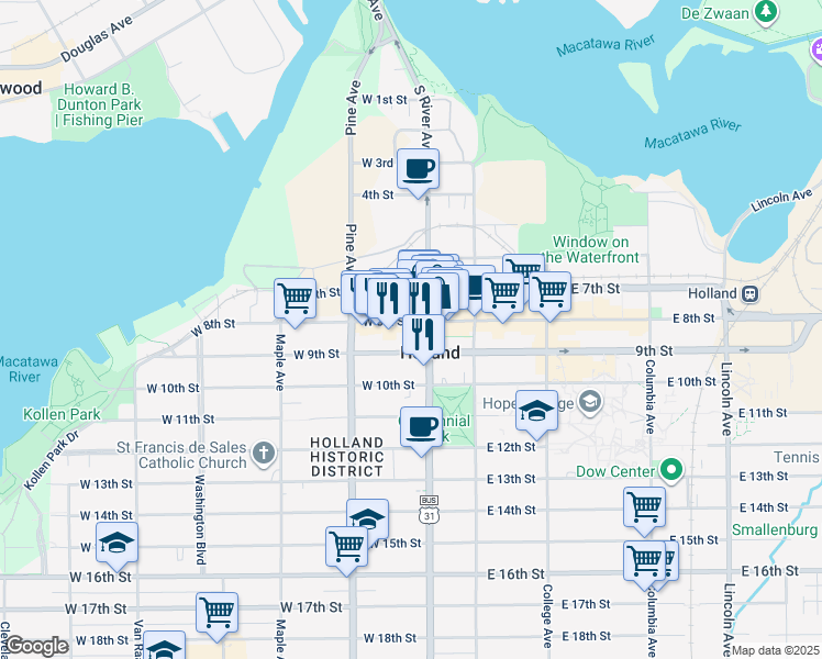map of restaurants, bars, coffee shops, grocery stores, and more near 35 West 8th Street in Holland
