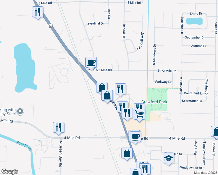 map of restaurants, bars, coffee shops, grocery stores, and more near 5225 Douglas Avenue in Racine