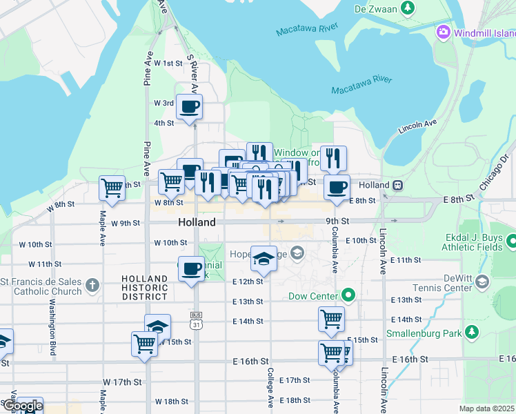 map of restaurants, bars, coffee shops, grocery stores, and more near 48 East 8th Street in Holland