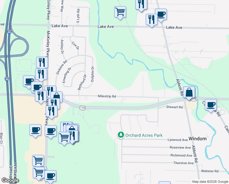 map of restaurants, bars, coffee shops, grocery stores, and more near 4828 Milestrip Road in Buffalo