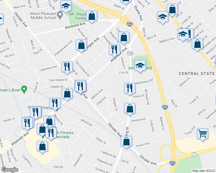 map of restaurants, bars, coffee shops, grocery stores, and more near 806 Marion Avenue in Schenectady