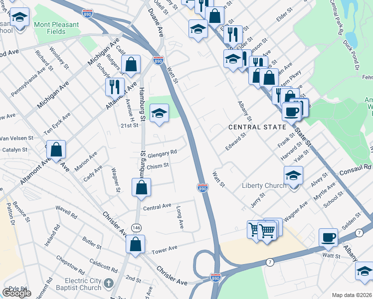 map of restaurants, bars, coffee shops, grocery stores, and more near 340 Glengary Road in Schenectady