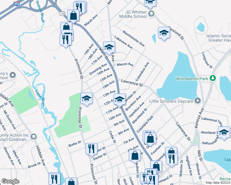 map of restaurants, bars, coffee shops, grocery stores, and more near 552 Main Street in Haverhill