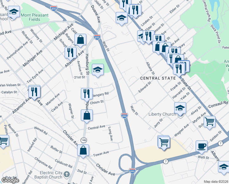 map of restaurants, bars, coffee shops, grocery stores, and more near 340 Glengary Road in Schenectady