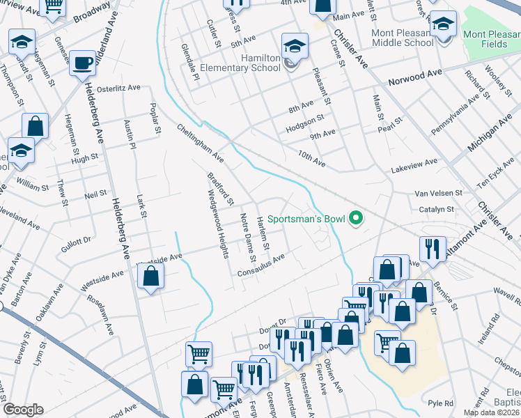 map of restaurants, bars, coffee shops, grocery stores, and more near 258 Torrington Avenue in Schenectady