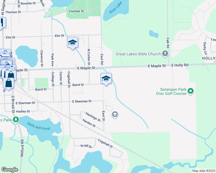 map of restaurants, bars, coffee shops, grocery stores, and more near 920 Baird Street in Holly