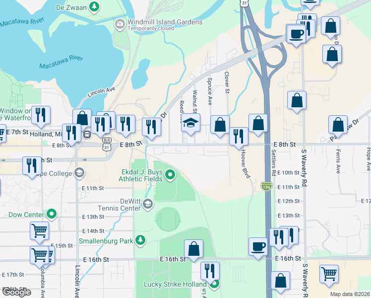 map of restaurants, bars, coffee shops, grocery stores, and more near 442 East 8th Street in Holland