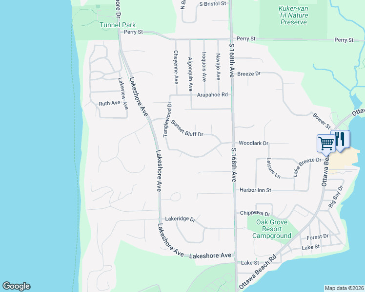 map of restaurants, bars, coffee shops, grocery stores, and more near 2214 Sunset Bluff Drive in Holland