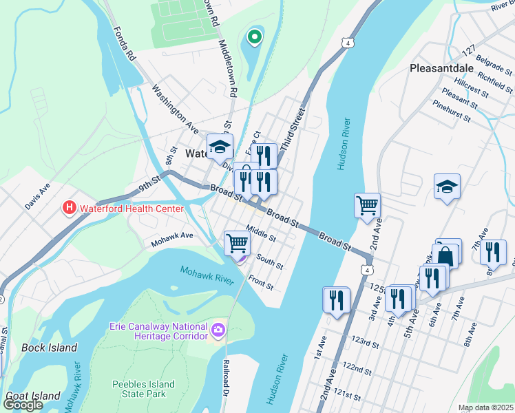 map of restaurants, bars, coffee shops, grocery stores, and more near Broad Street & Third Street in Waterford