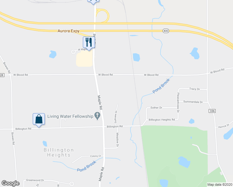 map of restaurants, bars, coffee shops, grocery stores, and more near 791 Maple Road in East Aurora