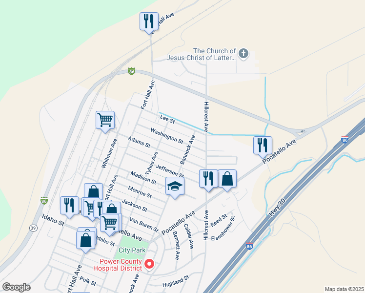 map of restaurants, bars, coffee shops, grocery stores, and more near 384 Washington Street in American Falls