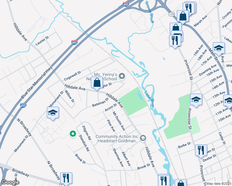 map of restaurants, bars, coffee shops, grocery stores, and more near 20 Saint Botolph Street in Haverhill