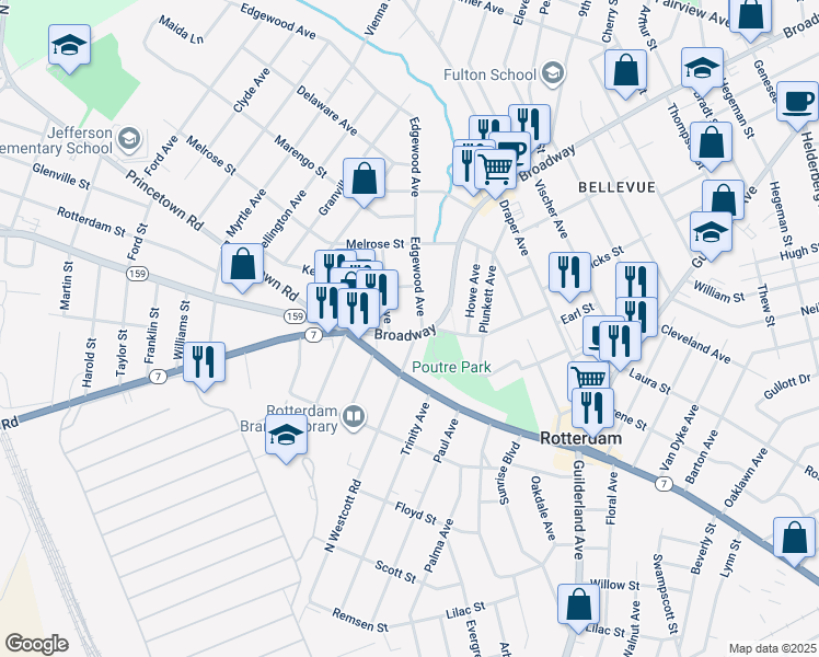 map of restaurants, bars, coffee shops, grocery stores, and more near 3011 Broadway in Rotterdam