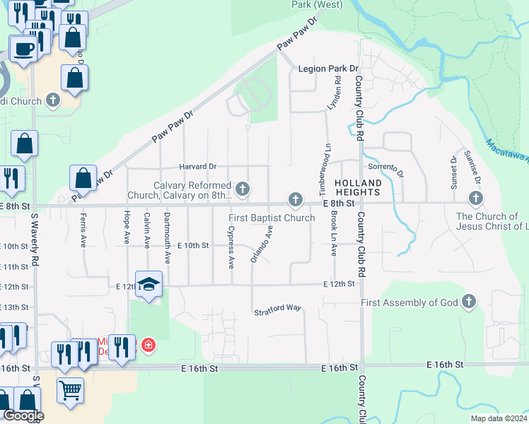 map of restaurants, bars, coffee shops, grocery stores, and more near 198 Orlando Avenue in Holland