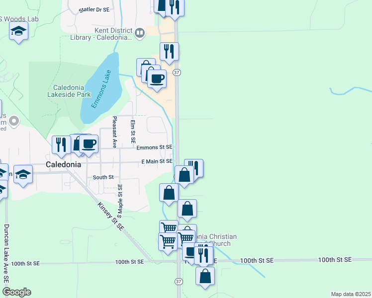 map of restaurants, bars, coffee shops, grocery stores, and more near 9610 Cherry Valley Avenue Southeast in Caledonia