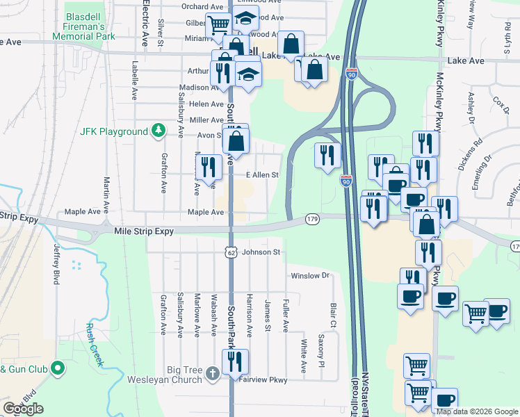 map of restaurants, bars, coffee shops, grocery stores, and more near 4232 Milestrip Road in Buffalo