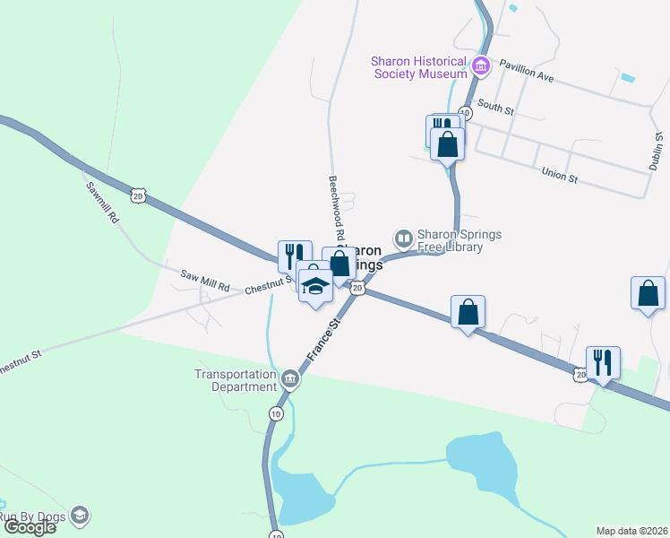 map of restaurants, bars, coffee shops, grocery stores, and more near 109 Beechwood Road in Sharon Springs