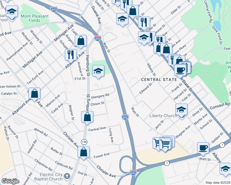 map of restaurants, bars, coffee shops, grocery stores, and more near 340 Glengary Road in Schenectady