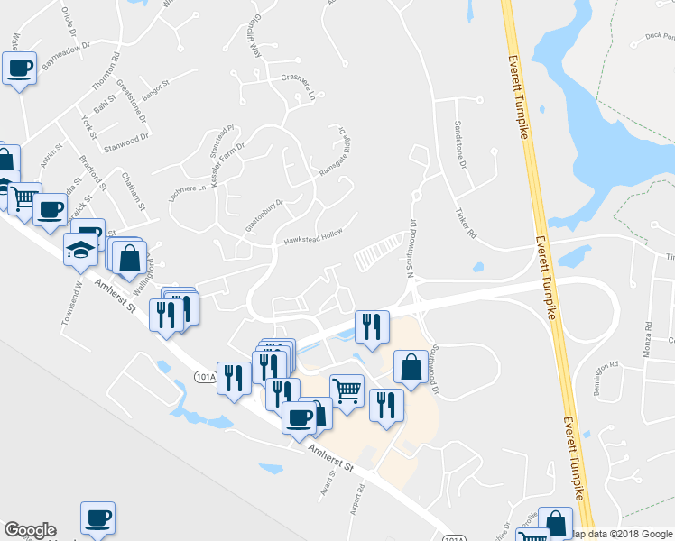 map of restaurants, bars, coffee shops, grocery stores, and more near 9 Kessler Farm Drive in Nashua
