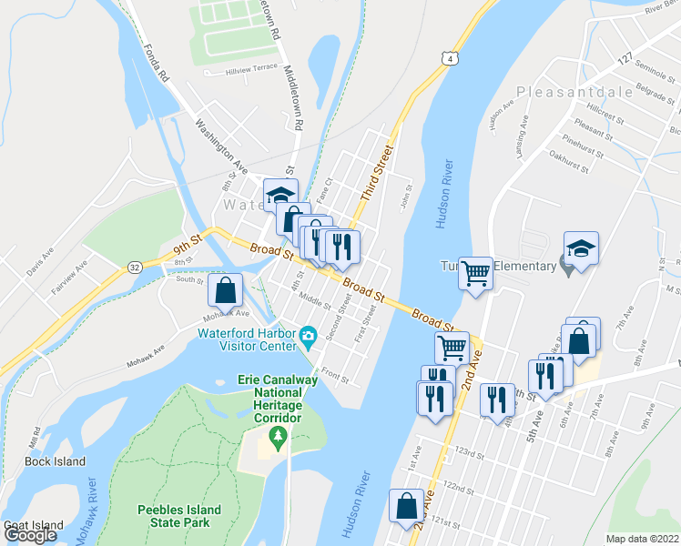 map of restaurants, bars, coffee shops, grocery stores, and more near 49 Broad Street in Waterford
