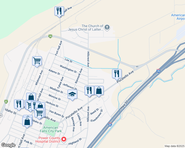 map of restaurants, bars, coffee shops, grocery stores, and more near 145 Hillcrest Avenue in American Falls