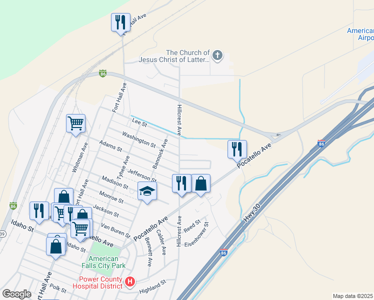 map of restaurants, bars, coffee shops, grocery stores, and more near 145 Hillcrest Avenue in American Falls