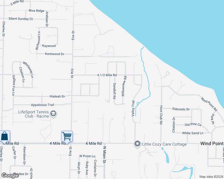 map of restaurants, bars, coffee shops, grocery stores, and more near 5329 Sandhill Road in Racine
