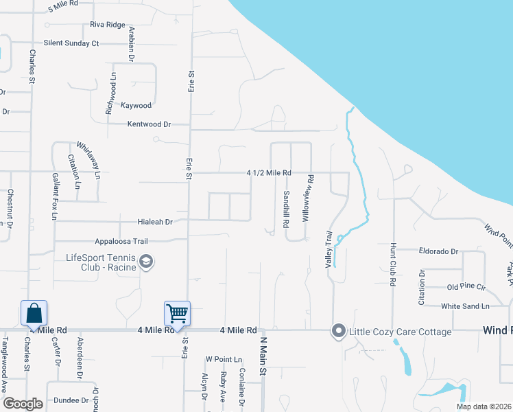 map of restaurants, bars, coffee shops, grocery stores, and more near 333 4 1/2 Mile Road in Racine
