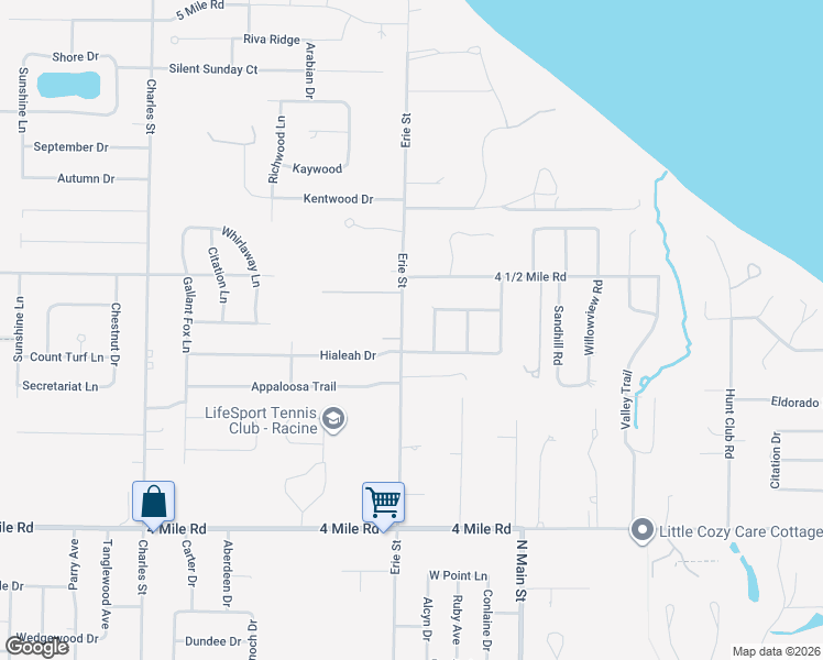 map of restaurants, bars, coffee shops, grocery stores, and more near 5404 Erie Street in Racine