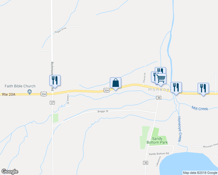 map of restaurants, bars, coffee shops, grocery stores, and more near 8866 Main Street in Honeoye