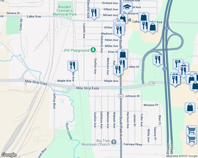 map of restaurants, bars, coffee shops, grocery stores, and more near 73 Maple Avenue in Buffalo