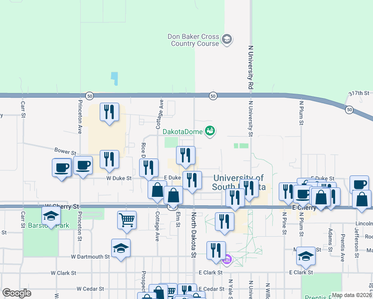 map of restaurants, bars, coffee shops, grocery stores, and more near 1099 Elm Street in Vermillion