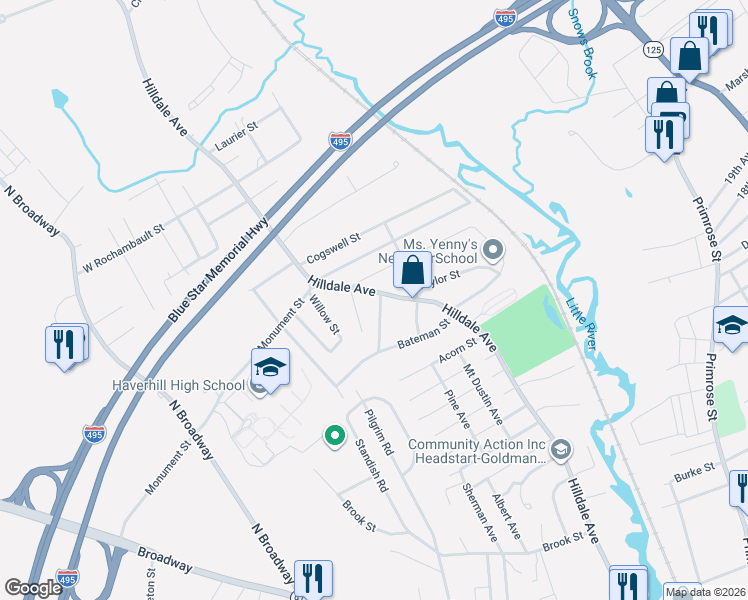 map of restaurants, bars, coffee shops, grocery stores, and more near 429 Hilldale Avenue in Haverhill