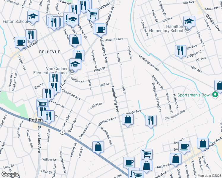 map of restaurants, bars, coffee shops, grocery stores, and more near 1216 Helderberg Avenue in Schenectady