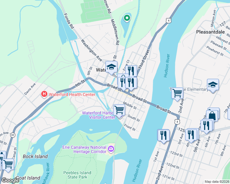 map of restaurants, bars, coffee shops, grocery stores, and more near 96 Broad Street in Waterford