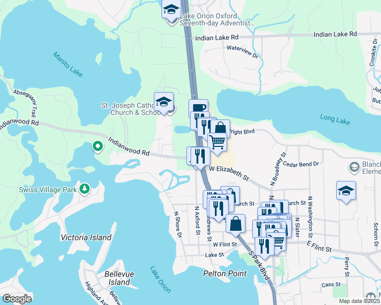 map of restaurants, bars, coffee shops, grocery stores, and more near 571 North Lapeer Road in Orion Township