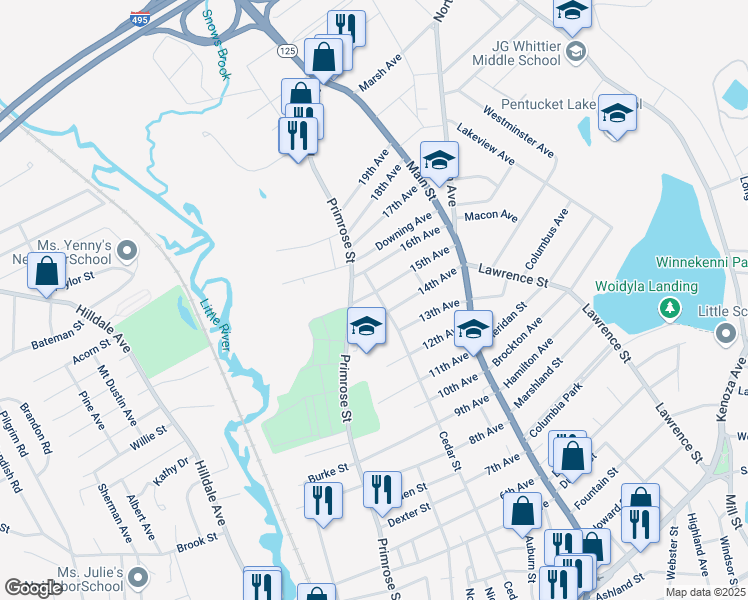 map of restaurants, bars, coffee shops, grocery stores, and more near 68 15th Avenue in Haverhill