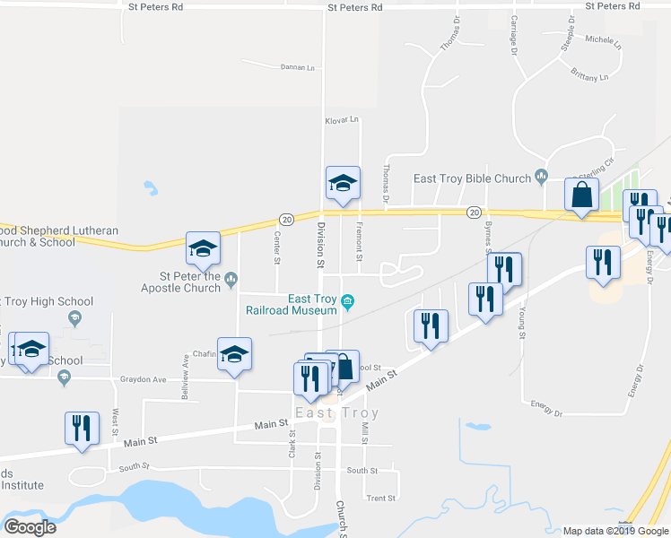 map of restaurants, bars, coffee shops, grocery stores, and more near 2882 Edwards Street in East Troy