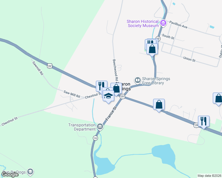 map of restaurants, bars, coffee shops, grocery stores, and more near 109 Beechwood Road in Sharon Springs