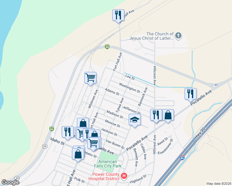 map of restaurants, bars, coffee shops, grocery stores, and more near 255 Adams Street in American Falls